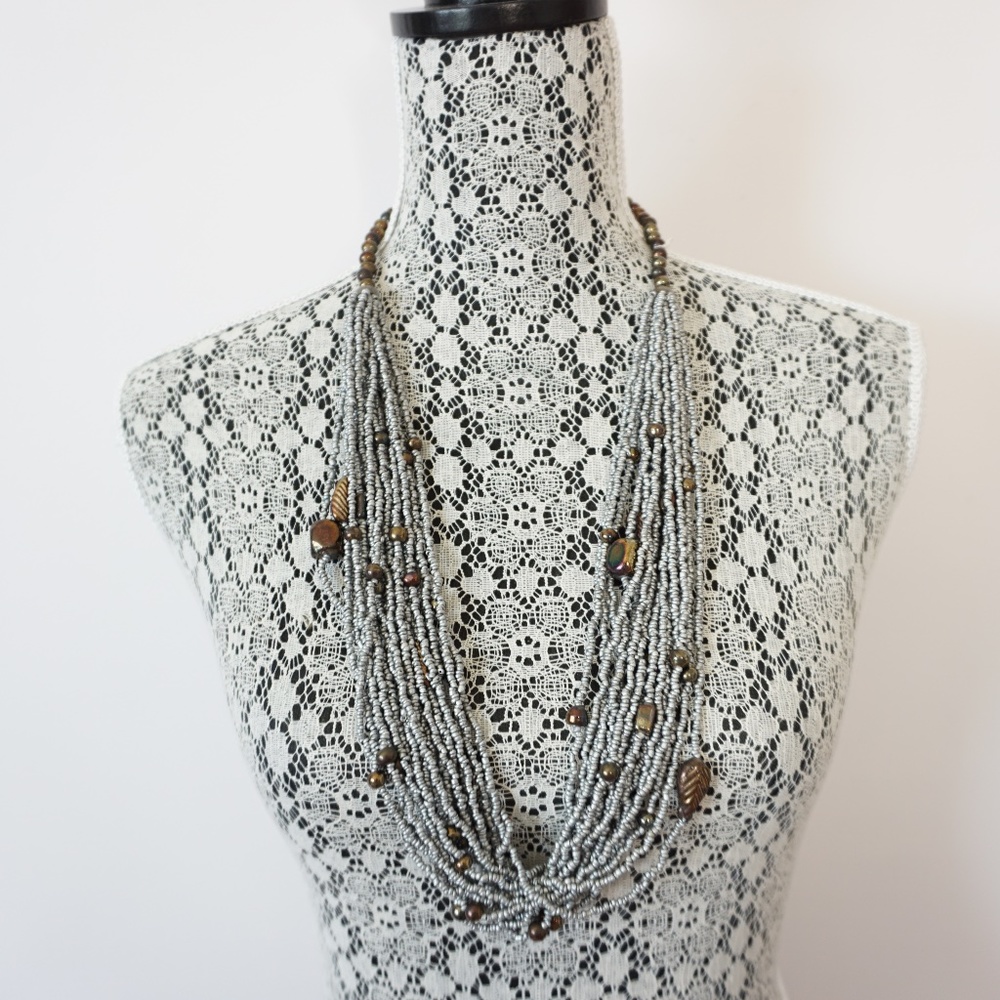 Vintage India Grey Seed Bead Multi Strand Necklace